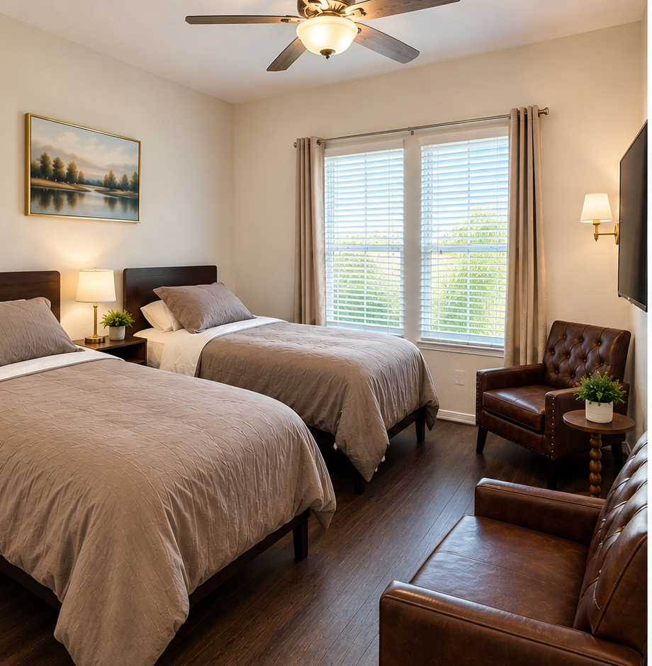 A bedroom with two beds, bedside lamps, a leather armchair and a bright shuttered window