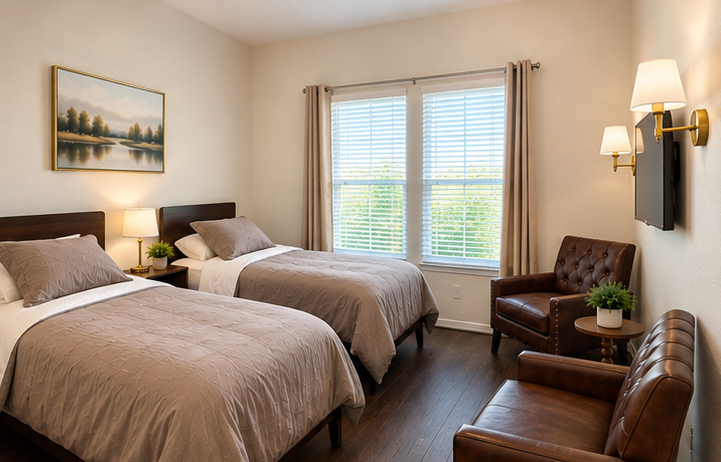 A resident bedroom with two made beds, a framed landscape and leather armchairs