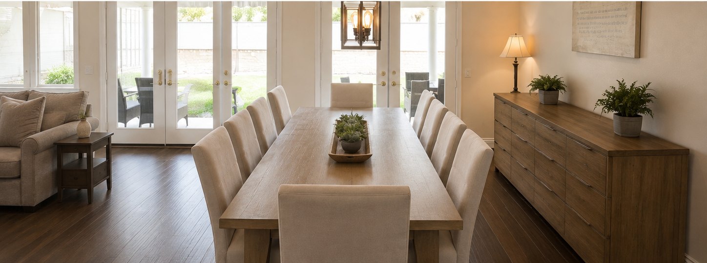 Long dining table set for ten in front of glass doors to the garden