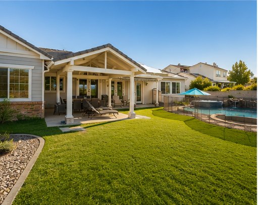 The house from the garden, with a covered patio and lawn in full sun