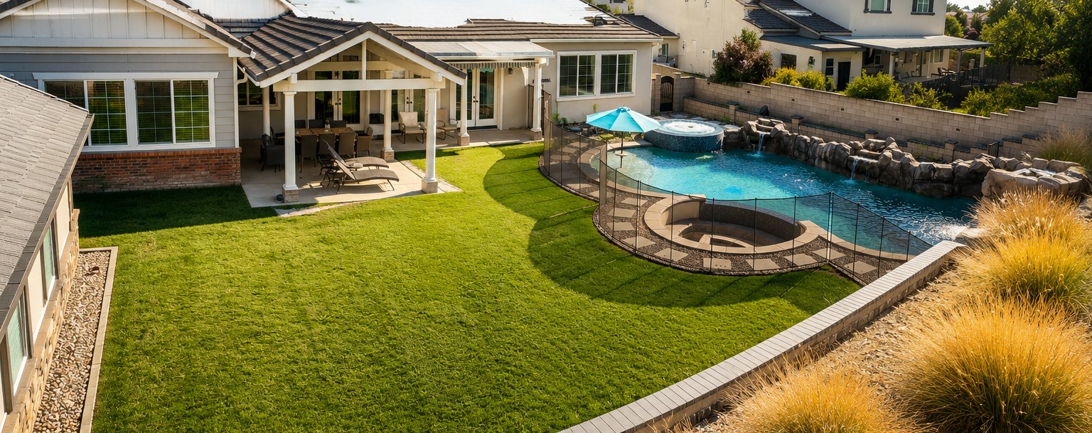 Wide back garden with lawn, covered patio and a pool beyond