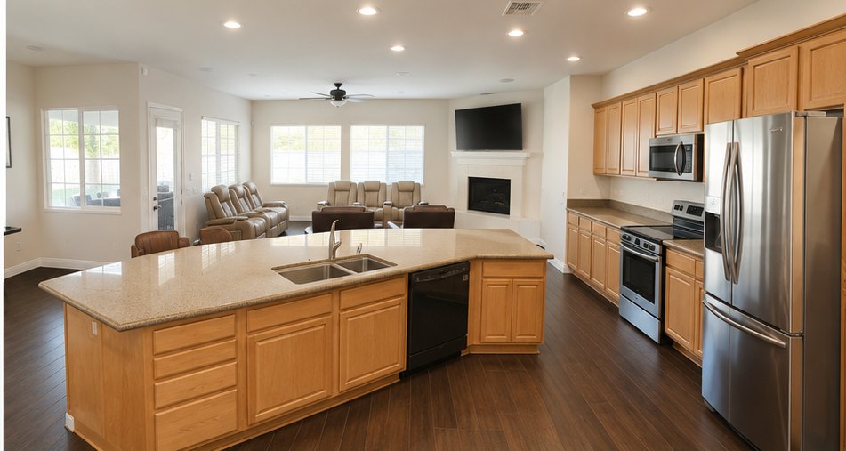 Kitchen with a long island, stainless range and refrigerator