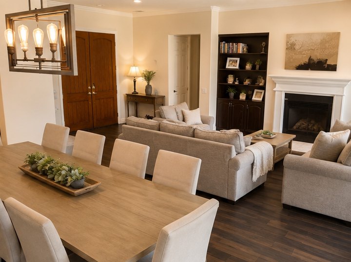 Dining table under a lantern chandelier with sofas and a fireplace beyond
