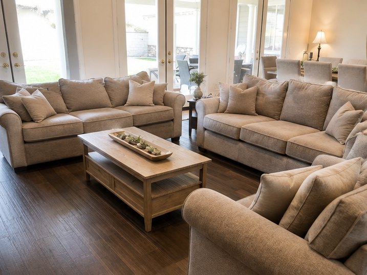 Living room with three upholstered sofas around a low wooden table