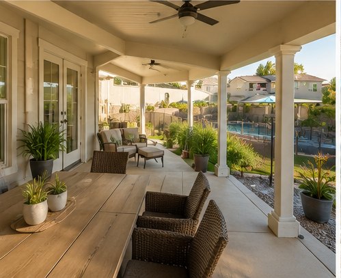 Covered patio with wicker seating, potted plants and a ceiling fan