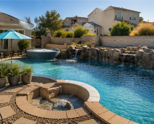 Swimming pool with a rock water feature and a raised spa